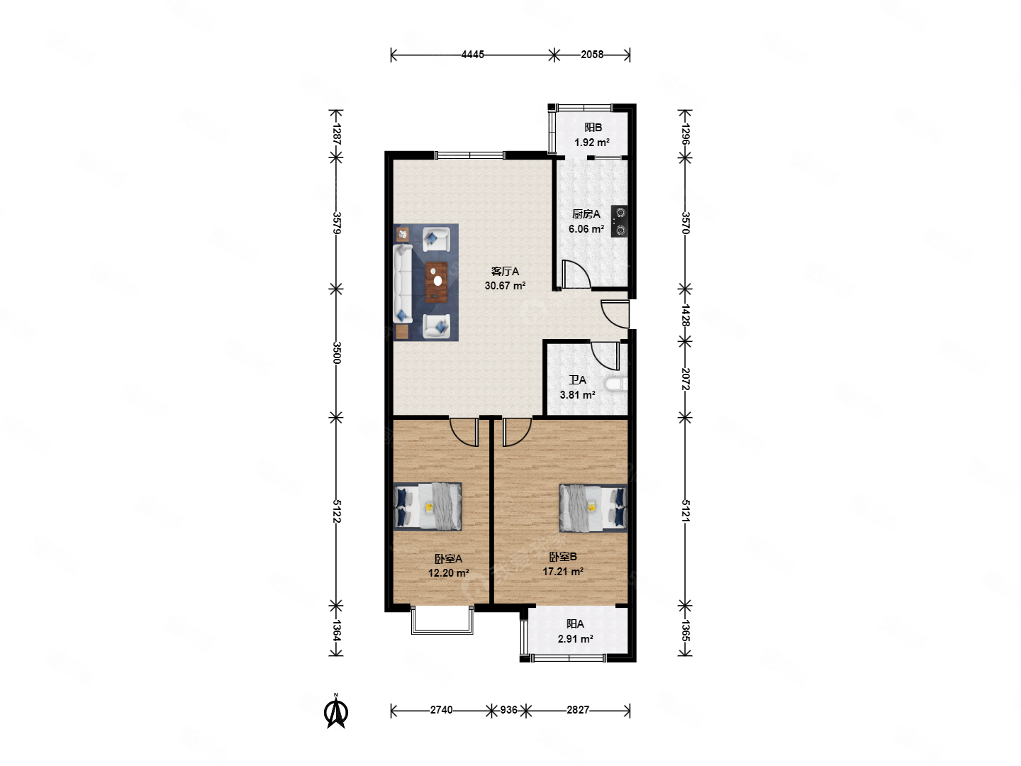 天驕俊園(南區(qū))2室1廳1衛(wèi)84.6㎡南北370萬