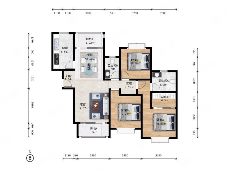 嘉里云荷廷3室2厅2卫138.91㎡南680万