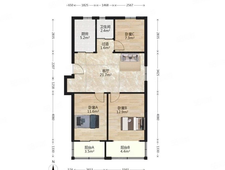 安德新寓3室1厅1卫85.35㎡南北255万