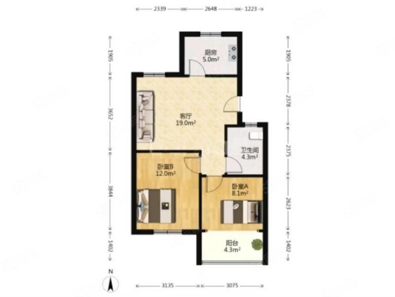 北苑风景花园2室1厅1卫82.57㎡南北119万