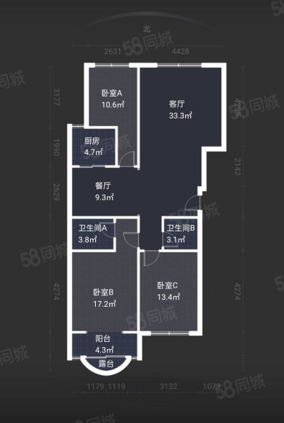 丰盛园小区3室2厅2卫128㎡南北165万