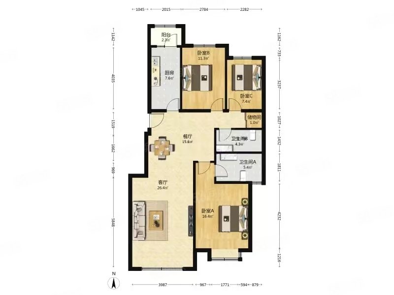 奧林匹克花園(三期)3室2廳2衛(wèi)122.58㎡南北698萬(wàn)