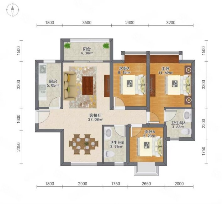 虎门碧桂园3室2厅2卫93.78㎡南北180万