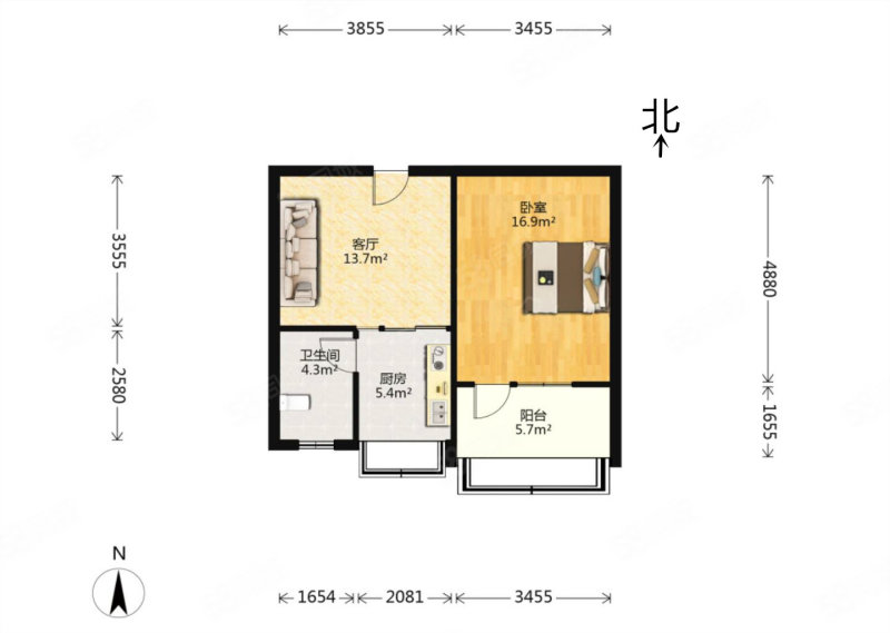 农业学校宿舍1室1厅1卫49㎡南45万