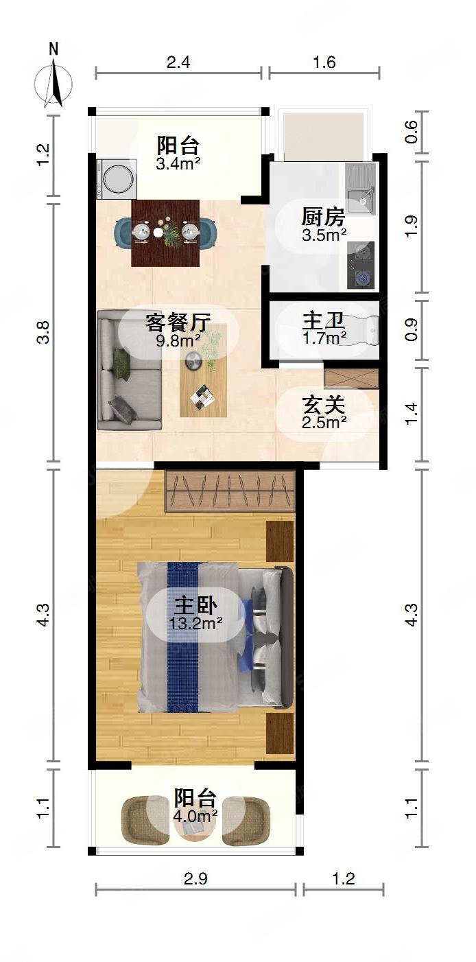 玫瑰园西村1室1厅1卫47.5㎡南北63万