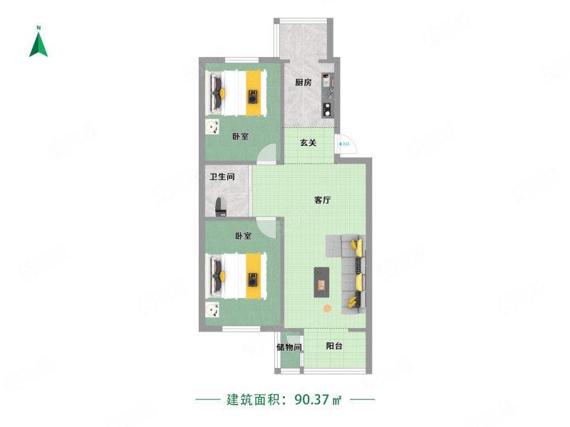 御龙逸城(二期北区)2室2厅1卫92㎡南北59万