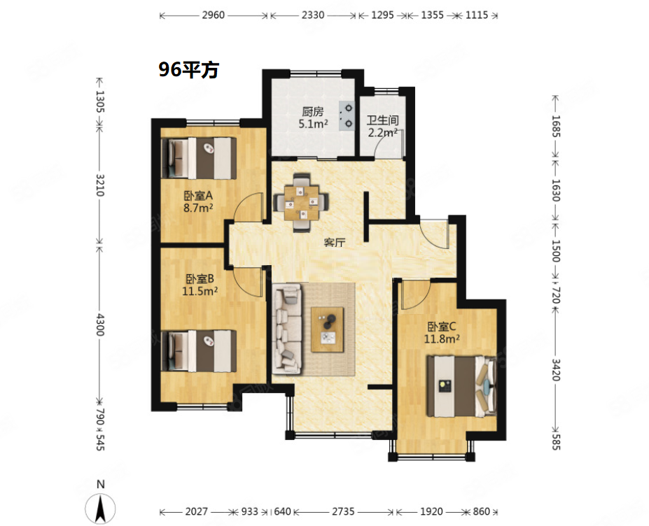 万科龙湖城市之光3室2厅1卫96.4㎡南北155万