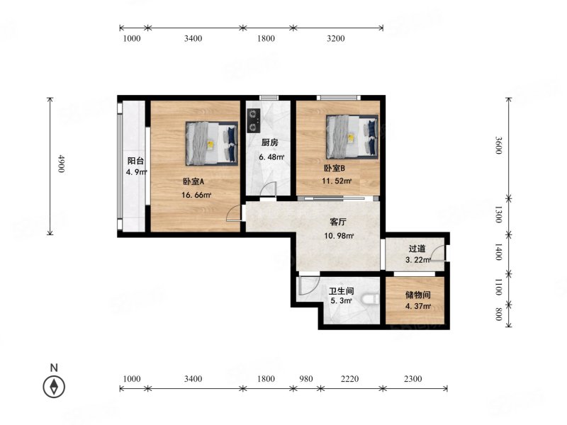 建功北里(四区)2室1厅1卫66.55㎡西北649万