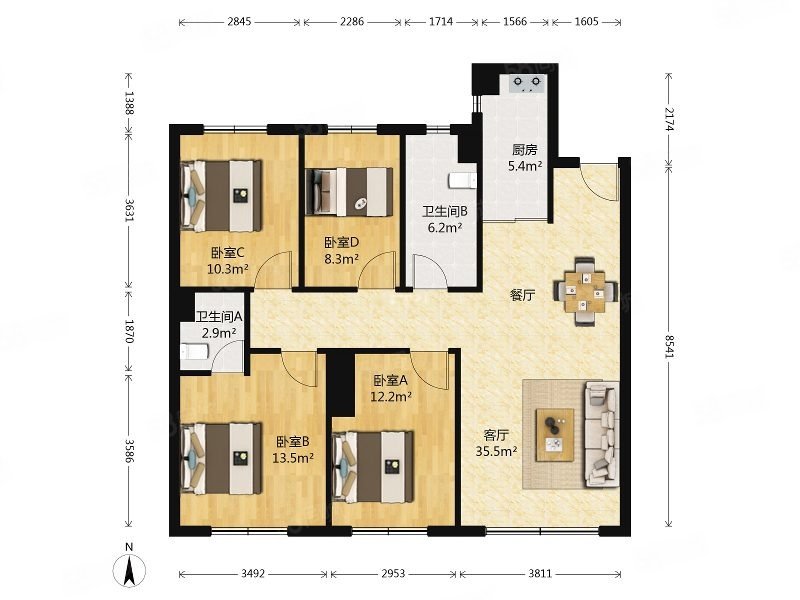 万锦紫园4室2厅2卫106.61㎡南北118万