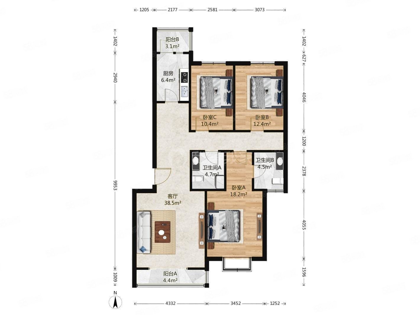 楓澤園3室1廳2衛(wèi)130.13㎡南北835萬