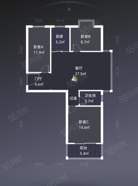青棠湾小区(公寓住宅)3室2厅1卫116㎡南北59万