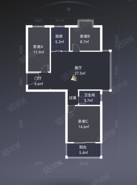 青棠湾小区(公寓住宅)3室2厅1卫116㎡南北59万