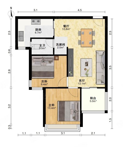 中建开元公馆2室2厅1卫75.31㎡南北145万