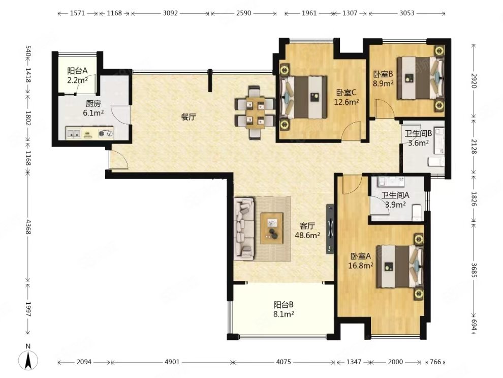中海观园b区3室2厅2卫138.68㎡南北315万