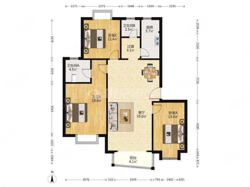 北岸公馆3室2厅2卫130㎡南北138万