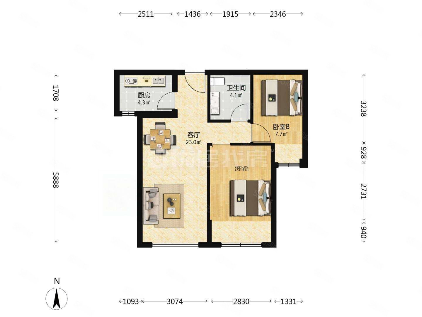 萬方家園(通州)2室1廳1衛(wèi)77㎡南388萬