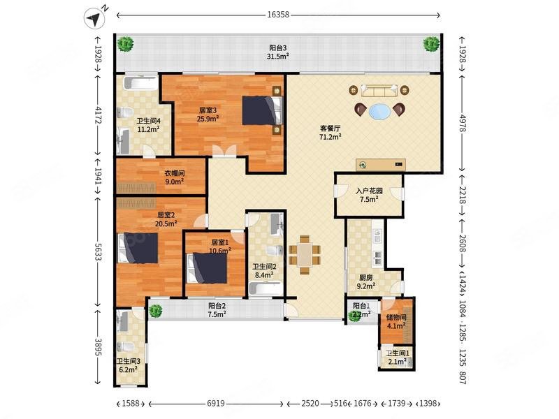 汉京九榕台4室2厅4卫170㎡南北1800万