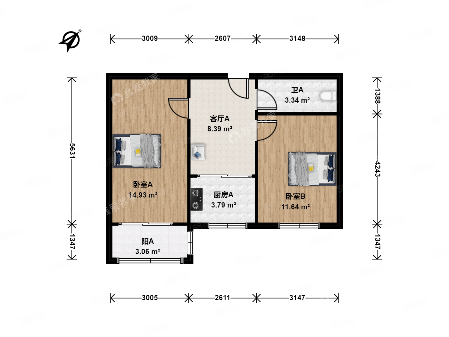 將臺路小區2室1廳1衛59.16㎡東南215萬(wàn)