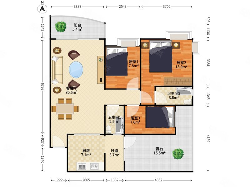 富力现代广场 3室2厅 516.0万