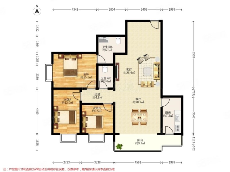 玺萌丽苑3室2厅2卫155.28㎡西南820万