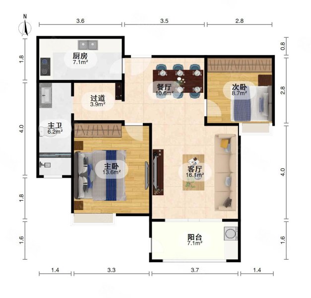 青山湖东园2室2厅1卫85.27㎡南北108万