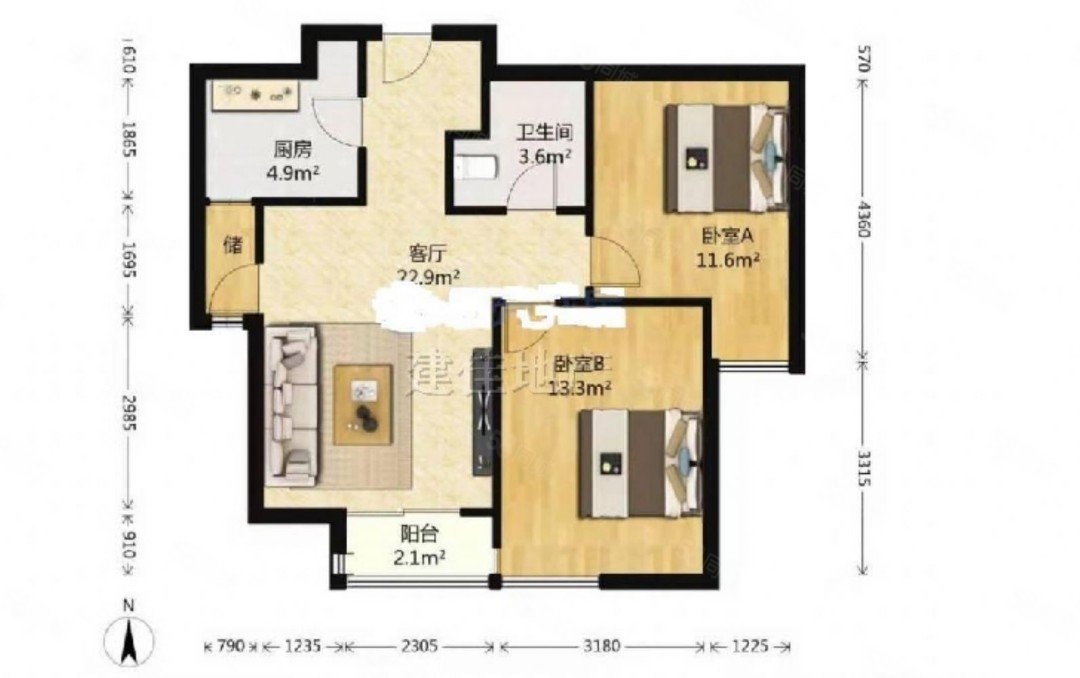 紫晶苑2室1厅1卫83.94㎡南北125万