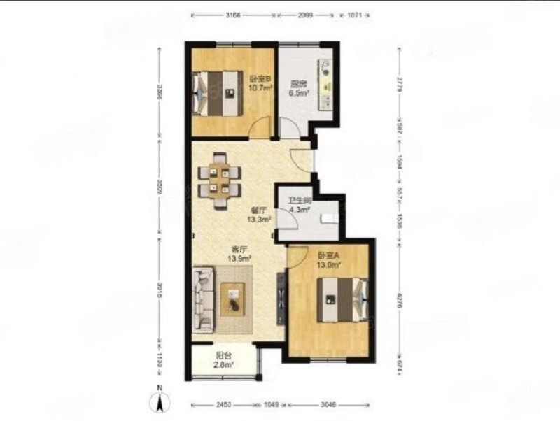 康莊中巷4號院2室1廳1衛(wèi)89.29㎡南北355萬