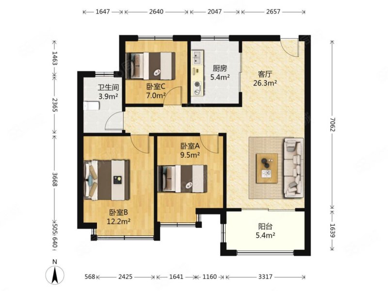 旭辉九著3室2厅1卫89.06㎡南北270万