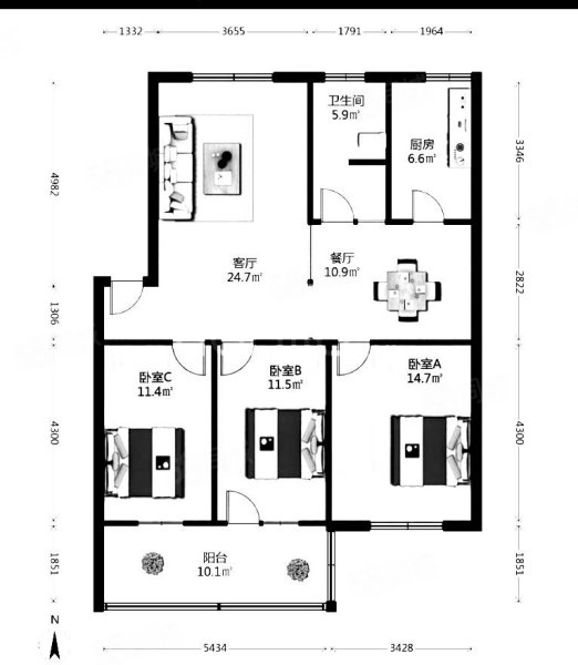 矿务局机关住宅区3室2厅1卫117㎡南38万