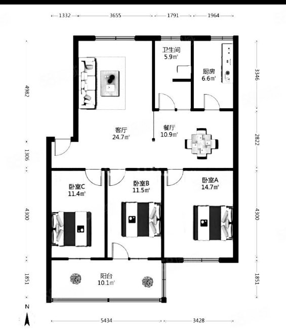 矿务局机关住宅区3室2厅1卫117㎡南38万