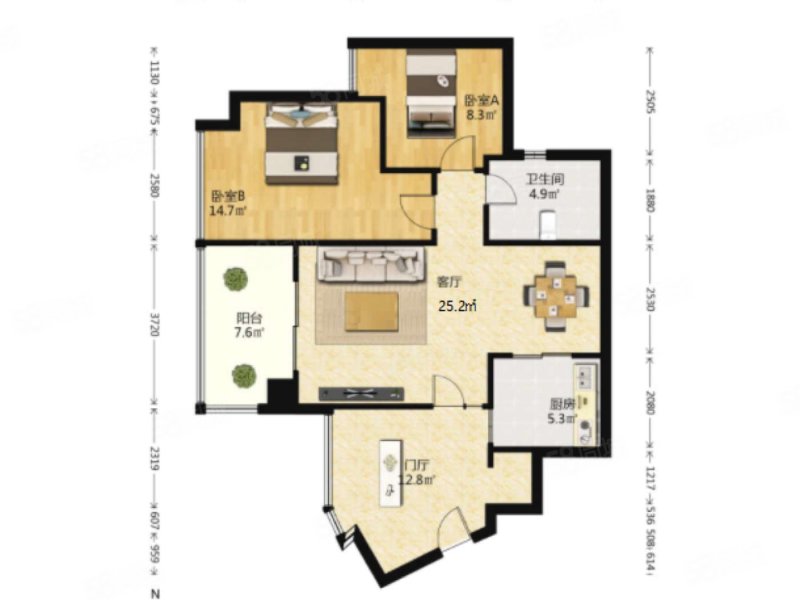 恒大西锦城2室1厅1卫89.24㎡南135万