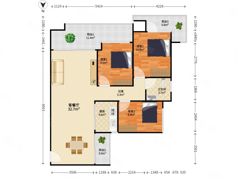 泰华阳光海3室2厅1卫96.66㎡南788万