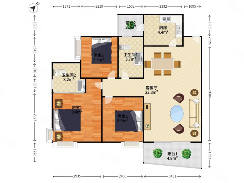 京基御景华城3室2厅2卫79.93㎡南北600万