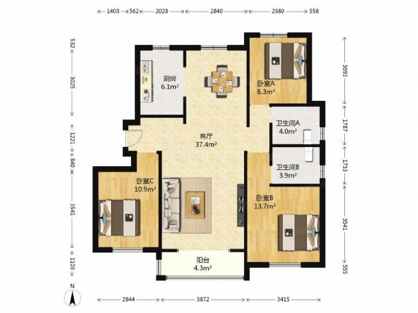 电梯房 南北通透 格调松间 满二 住房3室2厅全明户型