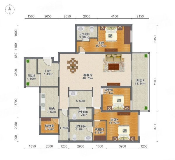 万科金域西岭4室2厅3卫172.64㎡东305万