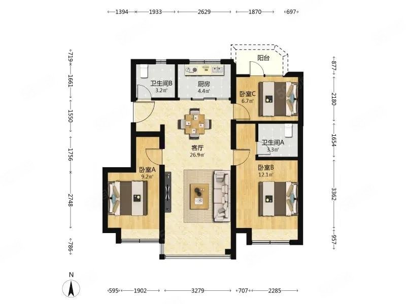 公園都會(西區(qū))3室1廳1衛(wèi)87.31㎡南北330萬