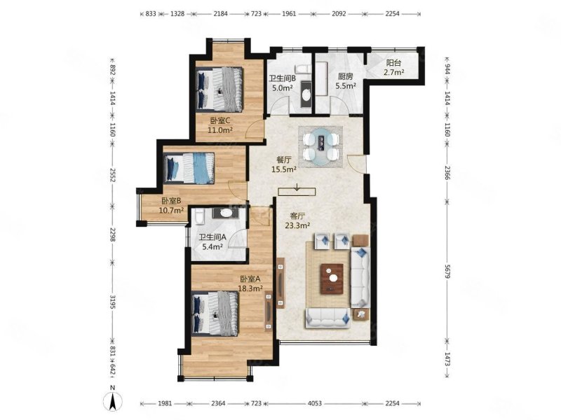 DBC加州小镇(B区)3室2厅2卫124.7㎡南北495万