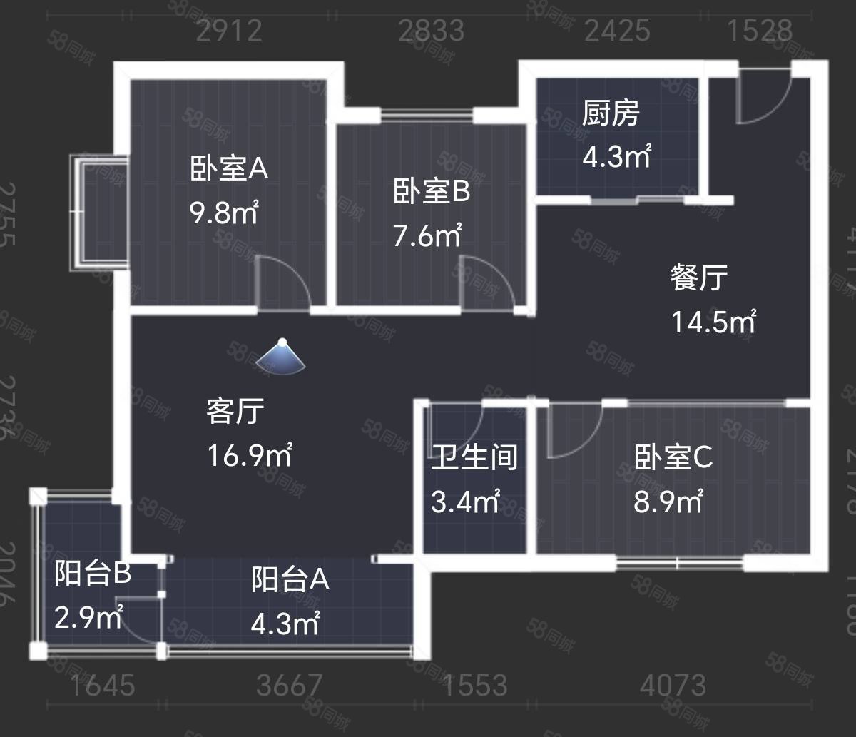 腾龙龙湾一品3室2厅1卫97㎡南北55万