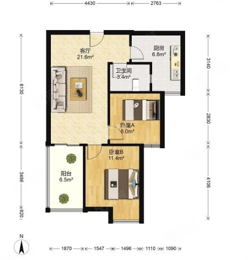 保利时代(北区)2室2厅1卫73.86㎡南153万