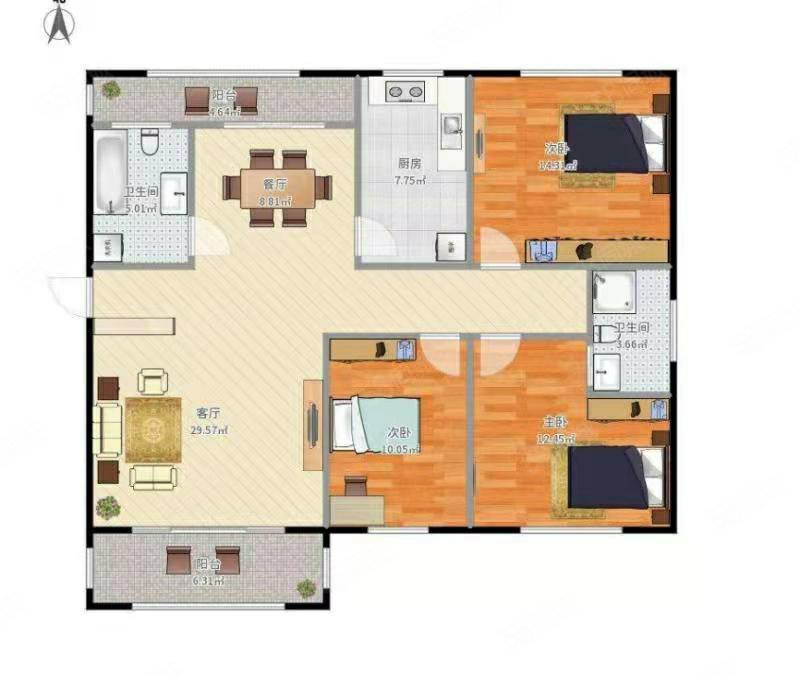 公园道1号3室2厅2卫120㎡南北56.8万