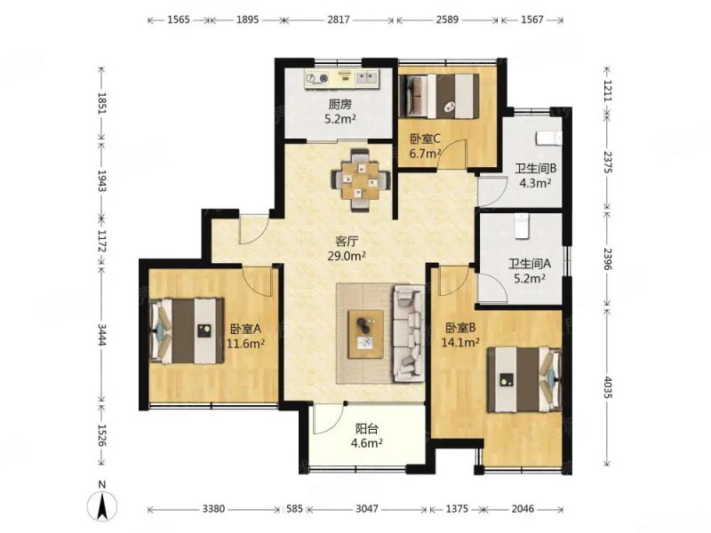 朗诗未来街区(东区)3室2厅2卫107.94㎡南北225万