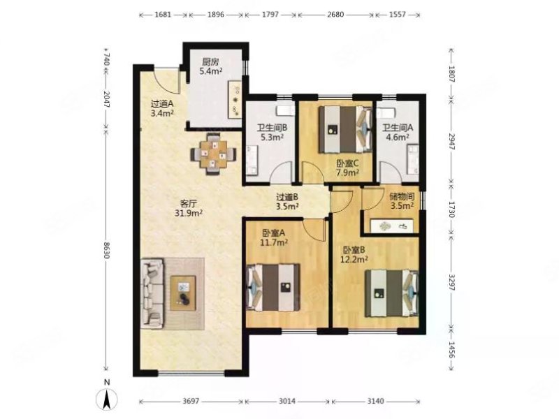 融创中央学府3室1厅2卫120.75㎡南北79.8万