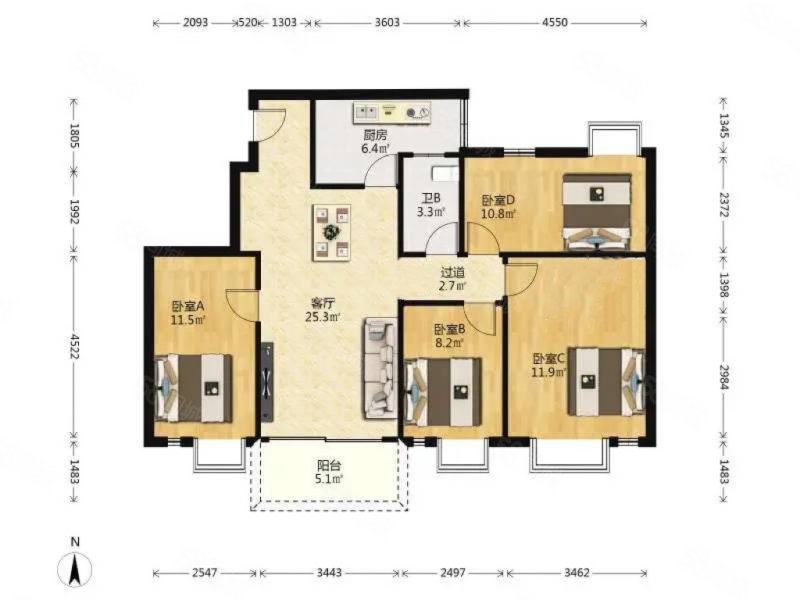 广东工业大学五山教师村4室2厅1卫105.57㎡南578万