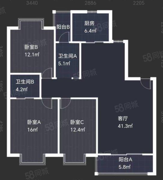 宏维山水明城3室2厅2卫132.8㎡南北88万