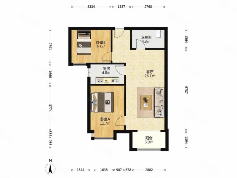 万达华宅(B区)2室1厅1卫92㎡南58万