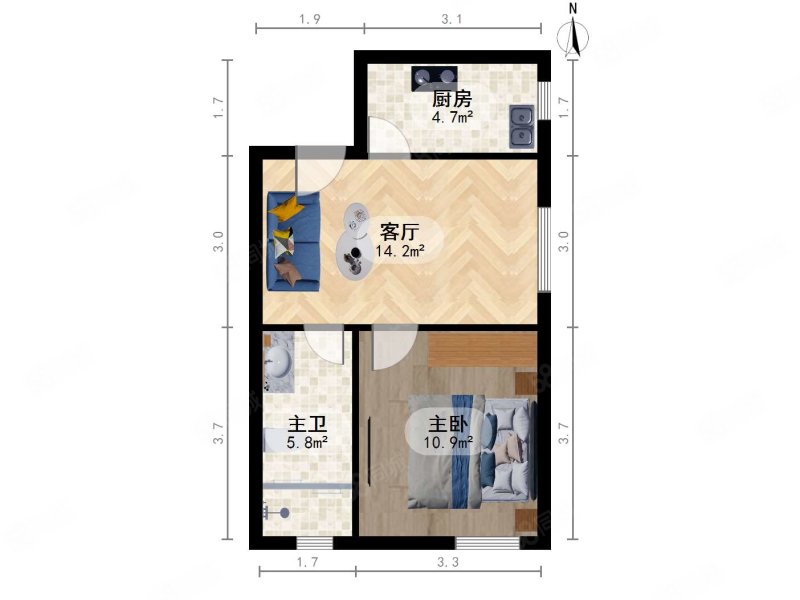 五福玲珑居1室1厅1卫52.3㎡东南390万