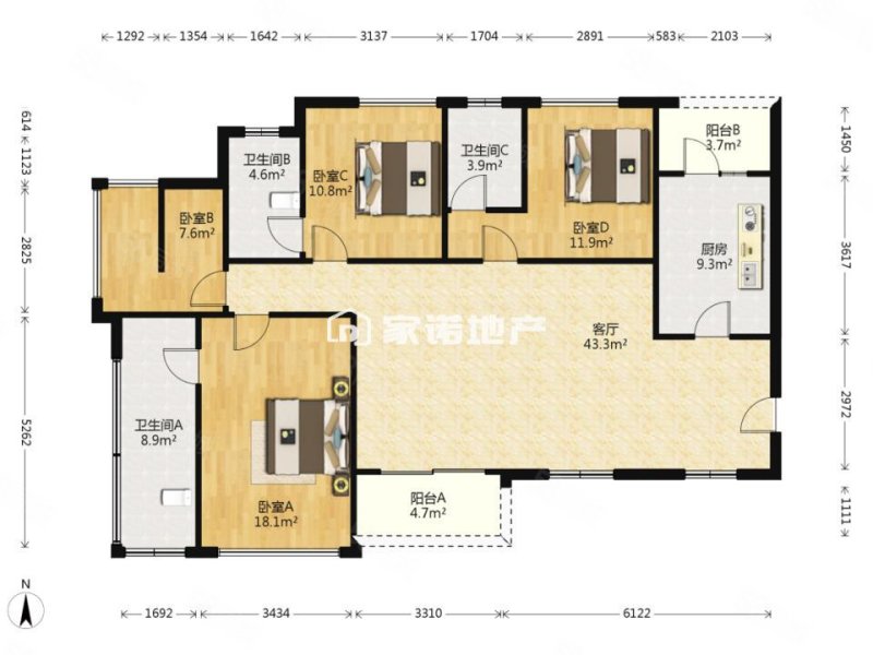 朗基御今缘4室2厅3卫132.49㎡南470万