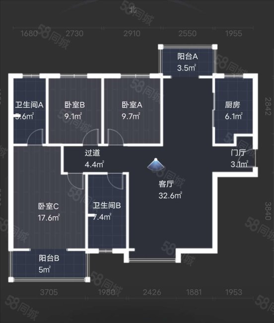 香林郡3室2厅2卫128㎡南北90万