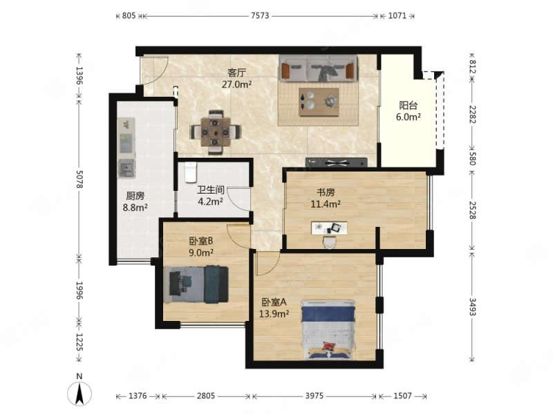 蓝溪谷地3室2厅1卫87㎡南北81.8万