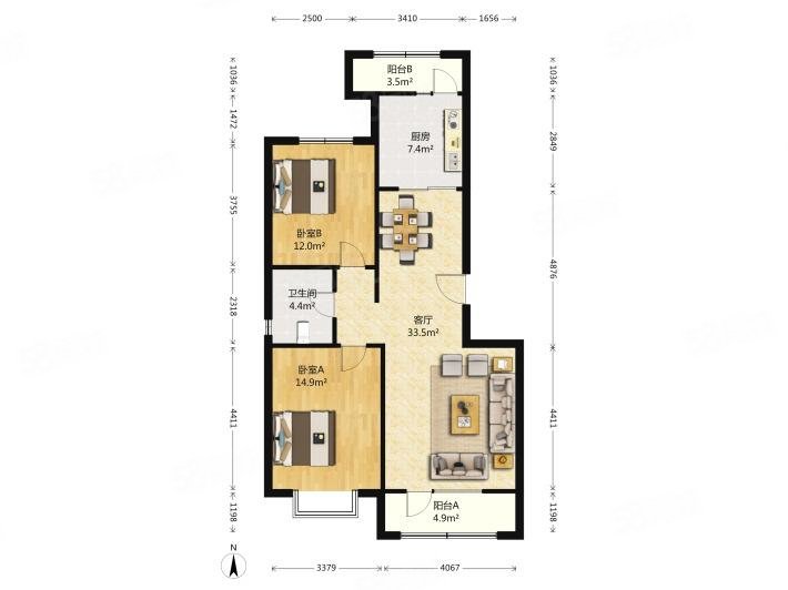 宝安江南城2室2厅1卫98㎡南北170万